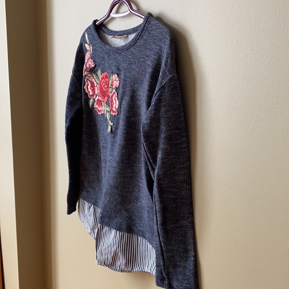 Springfield Top ⭐️ Blue Sweater with Roses with Fake Stripped Shirt Under - Picture 3 of 7